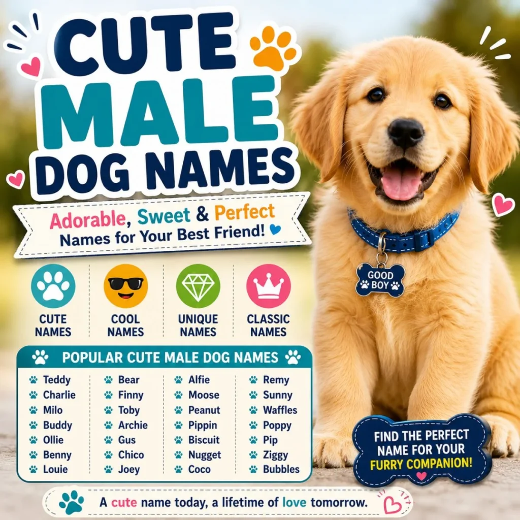 Cute male dog names with an adorable Golden Retriever puppy featuring sweet, lovable, and playful name idea