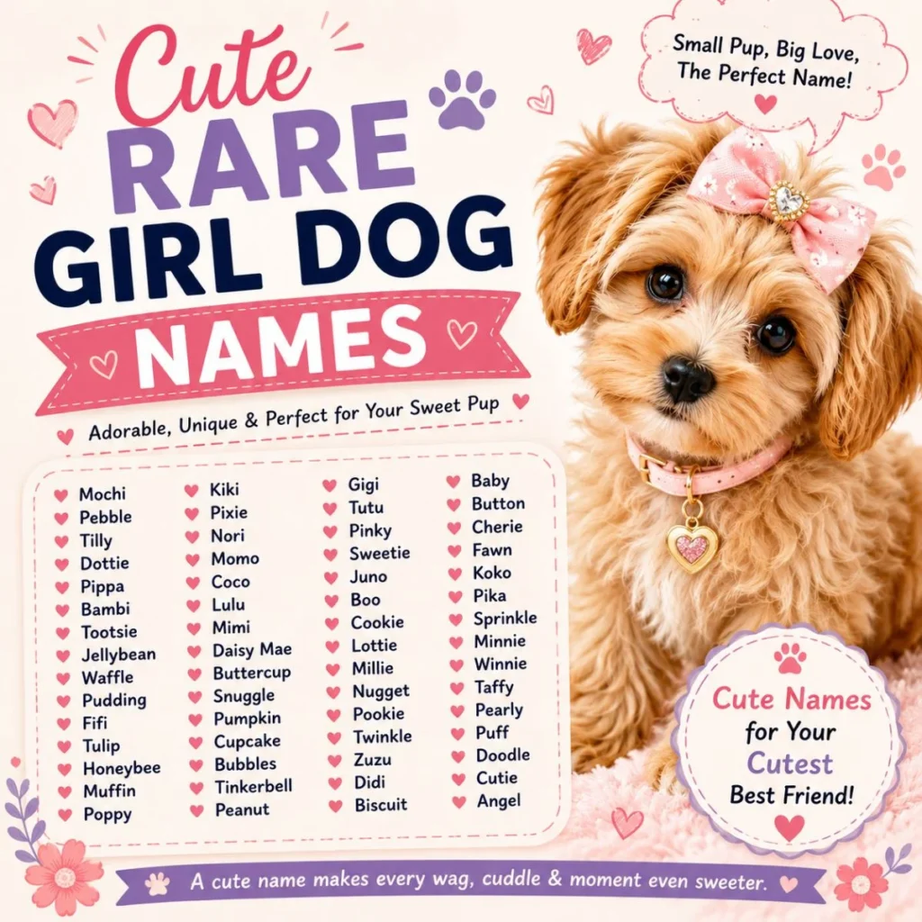 Cute rare girl dog names infographic featuring an adorable puppy and a list of unique female puppy name ideas.