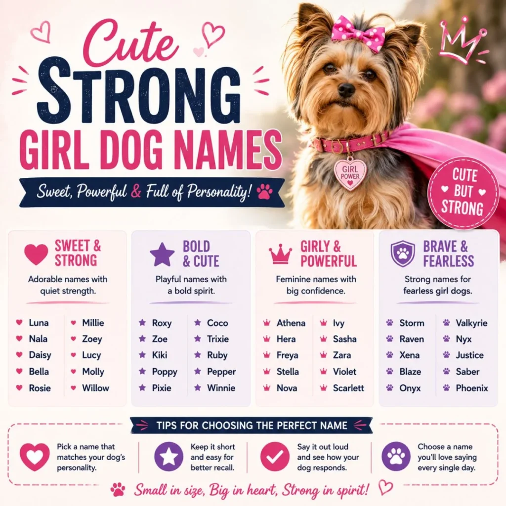 Cute strong girl dog names poster with a stylish female dog in pink accessories and bold name ideas