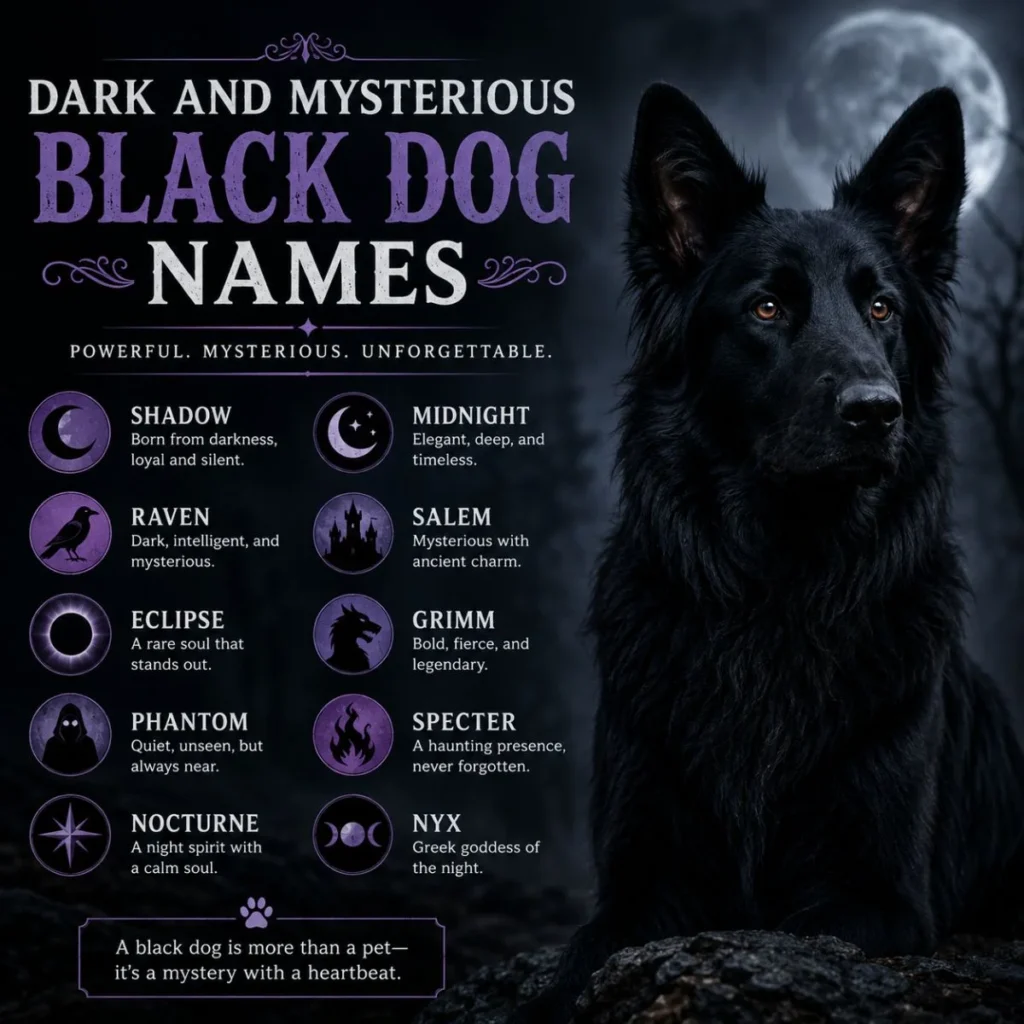 Dark and mysterious black dog names image with a majestic black dog, moonlit forest, and bold spooky name ideas
