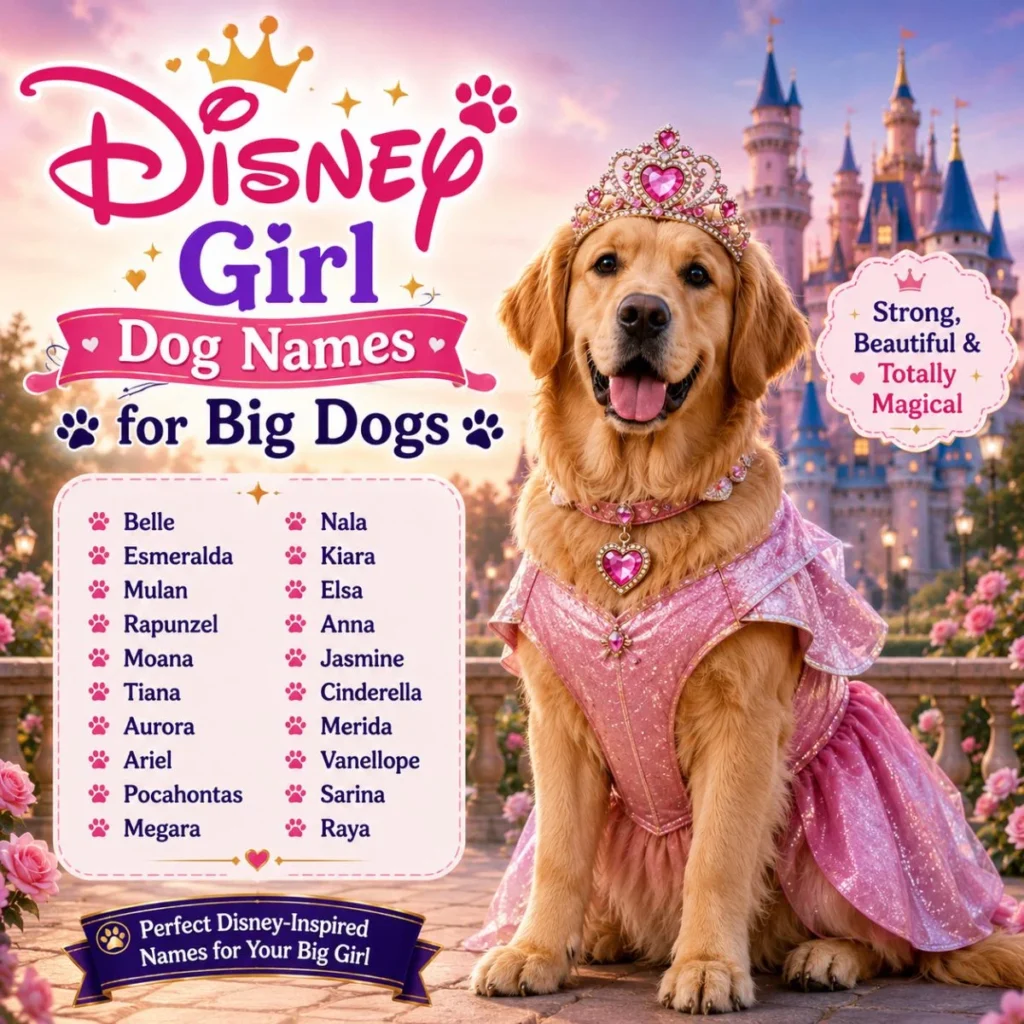 Disney girl dog names for big dogs with golden retriever in pink princess dress near magical castle