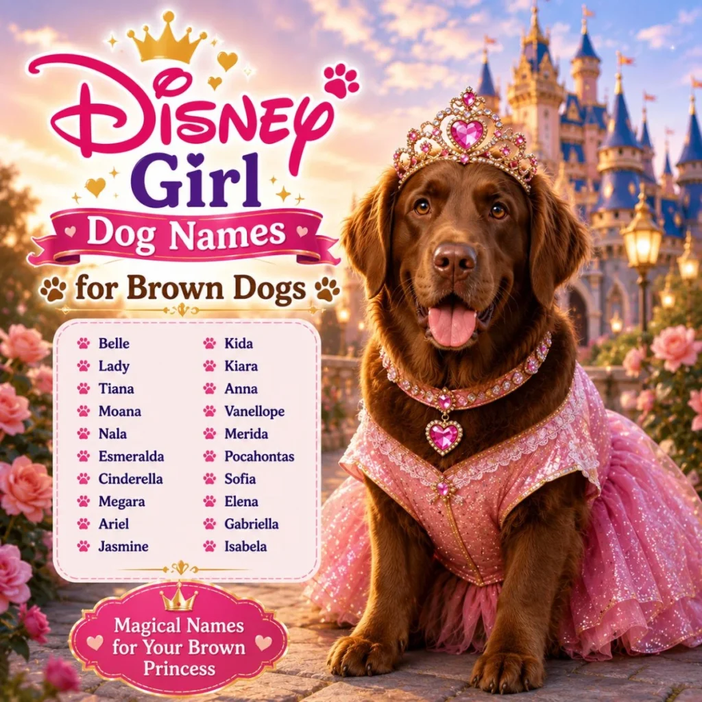 Disney girl dog names for brown dogs with cute brown puppy and magical fairytale castle background