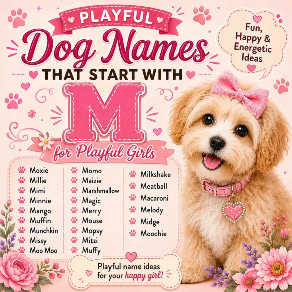 Dog names that start with M for playful girls infographic with cute puppy, pink bow, and fun M name ideas