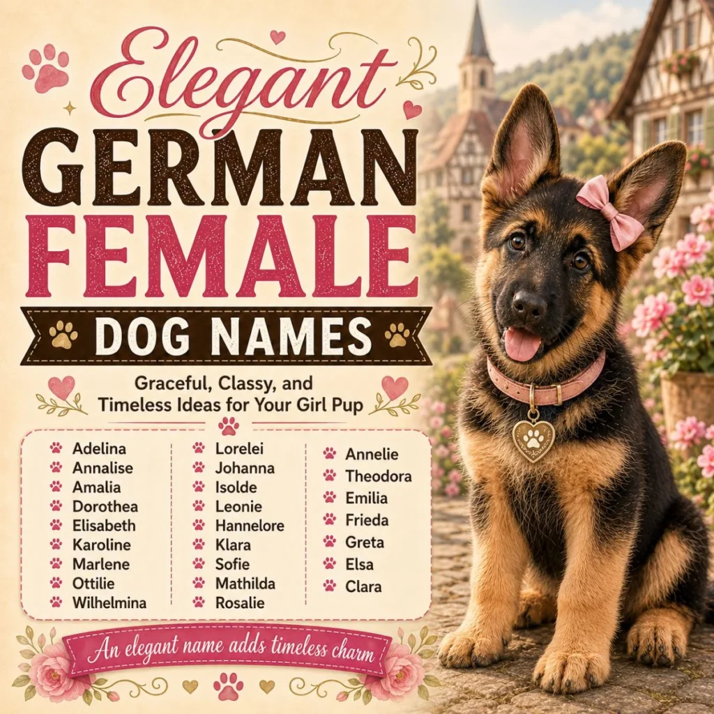 Elegant German female dog names infographic with cute German Shepherd puppy and classy girl dog name ideas