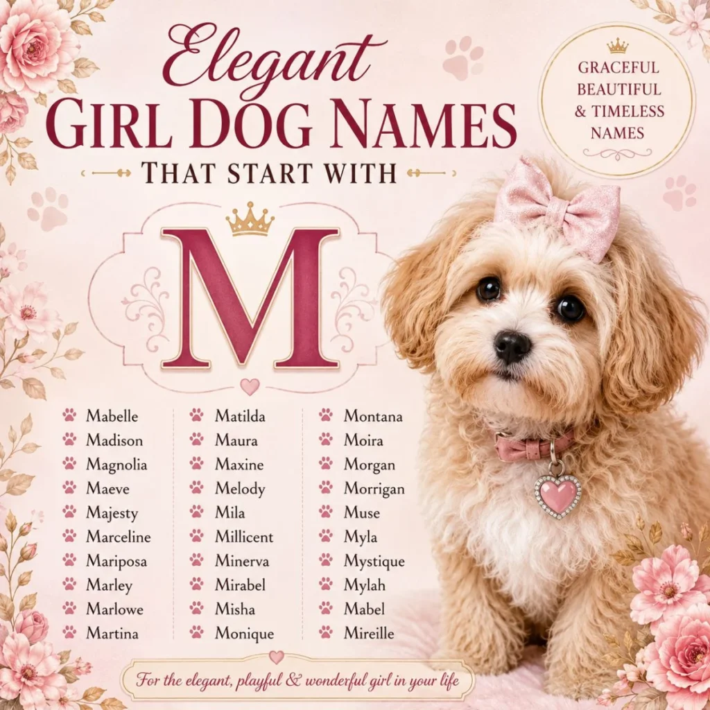 Elegant girl dog names that start with M with cute puppy, pink bow, flowers, and graceful M name ideas