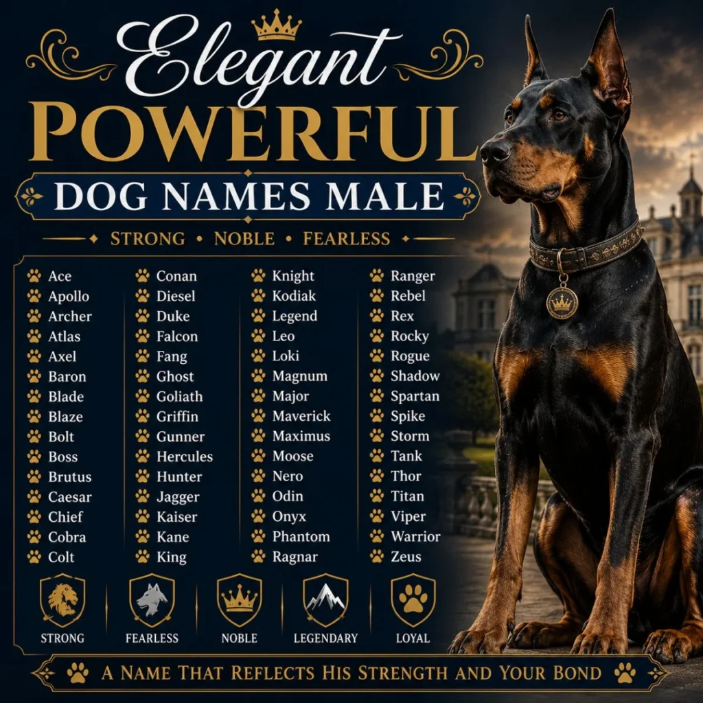 Elegant powerful dog names male poster featuring a noble Doberman and sophisticated male dog name ideas