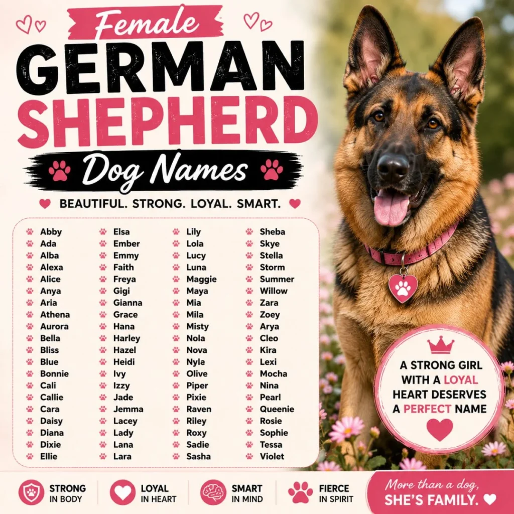 Female German Shepherd dog names infographic featuring a female German Shepherd and popular name ideas