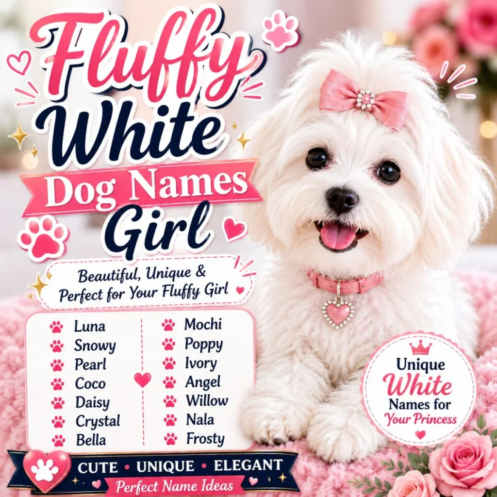 Fluffy White Dog Names Girl with a fluffy white puppy and cute female dog name ideas
