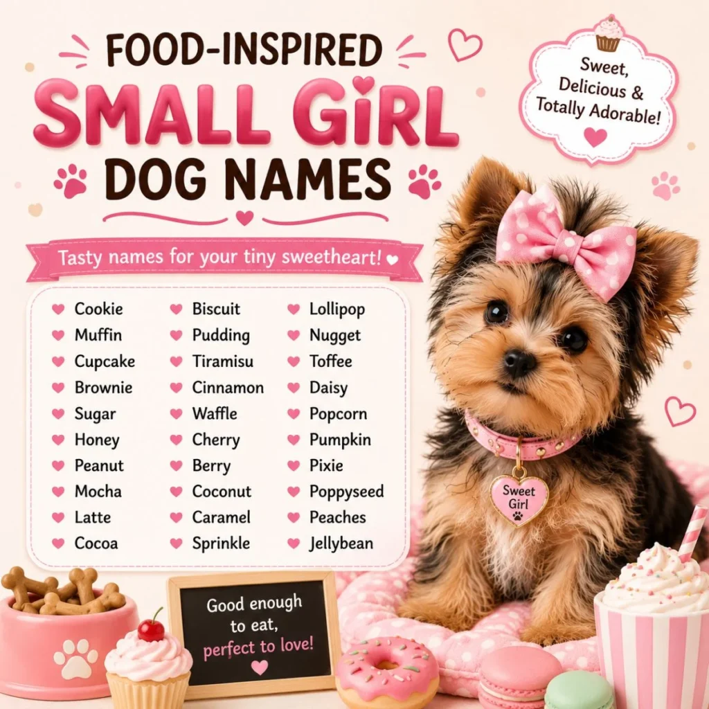 Food-inspired small girl dog names image with a cute tiny puppy and sweet pastel food theme