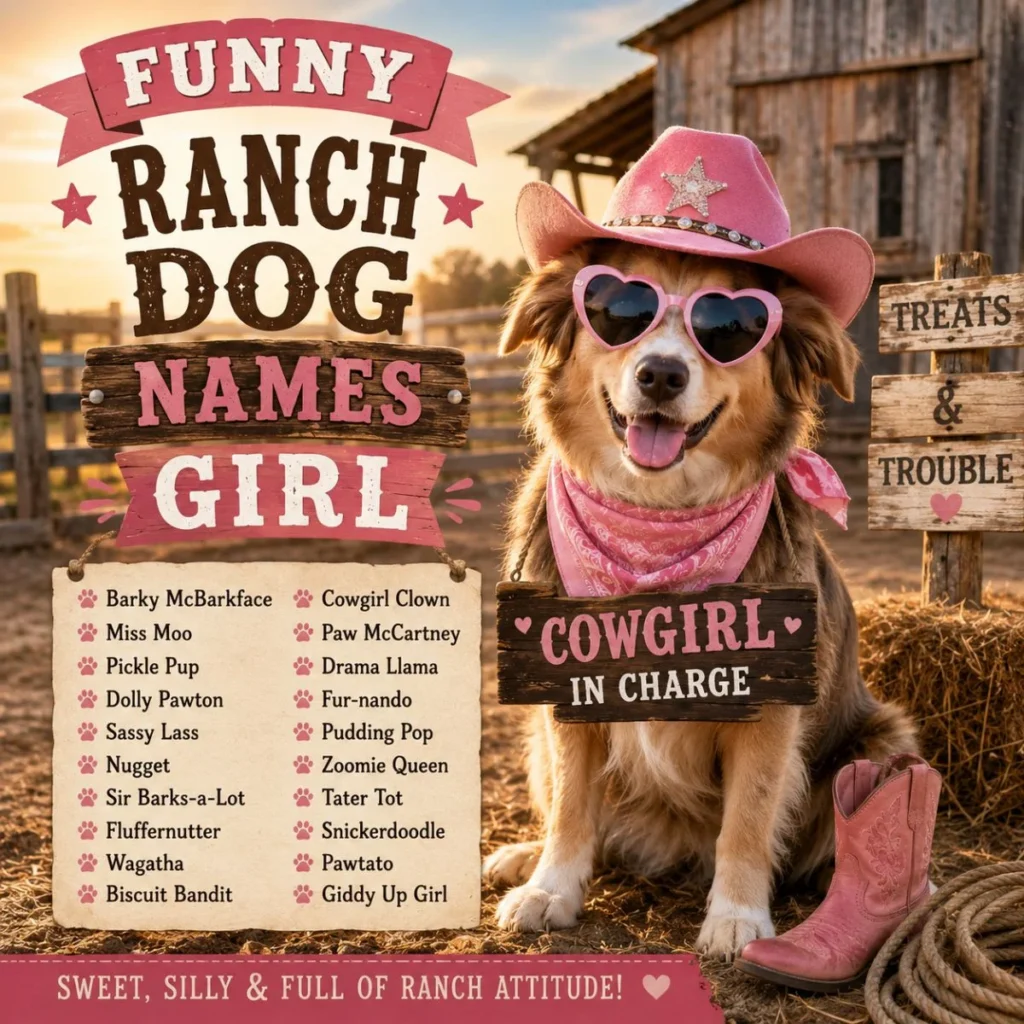 Funny ranch dog names girl image with silly cowgirl pup, pink hat, sunglasses, barn, and western name list