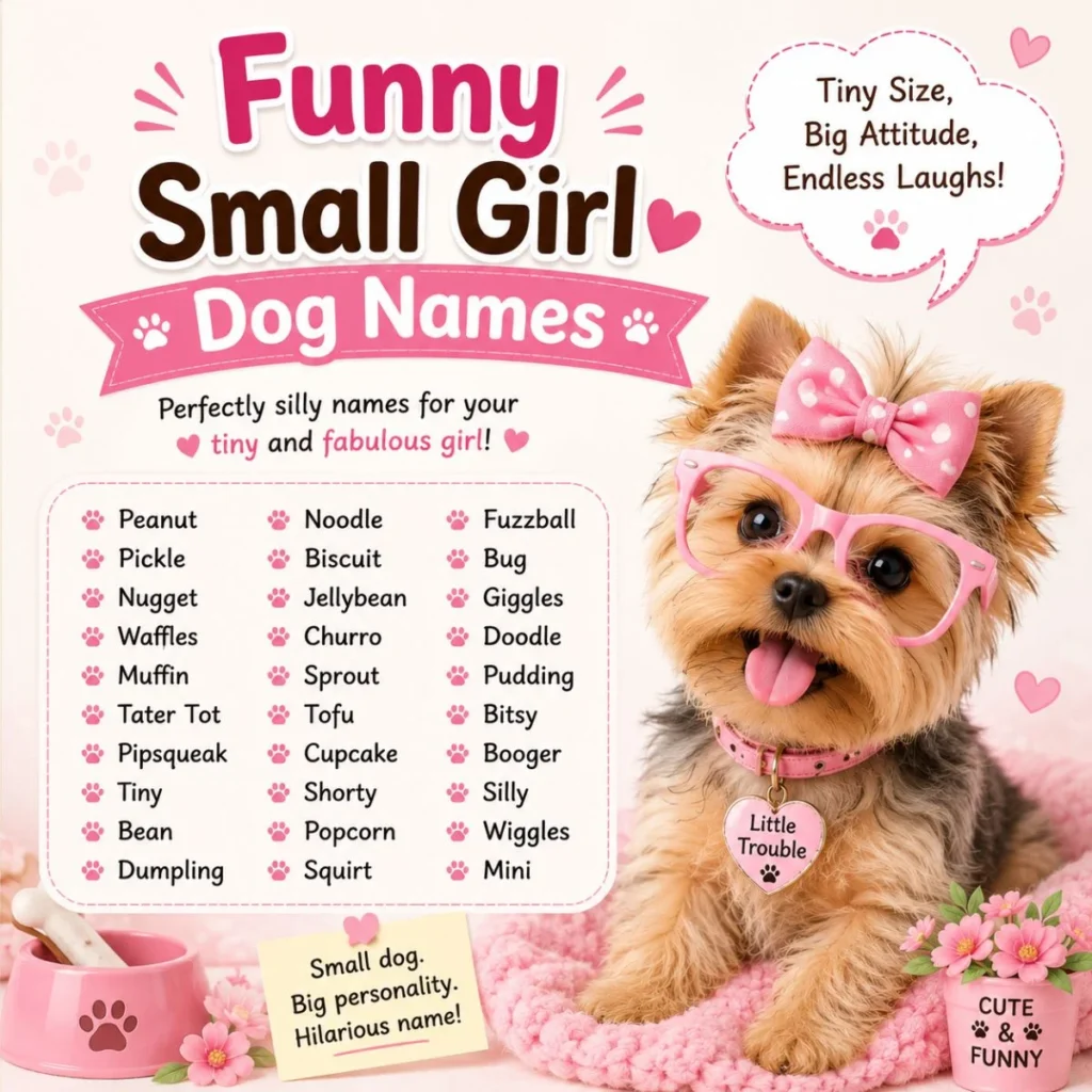 Funny small girl dog names image with a cute tiny puppy and playful pastel design