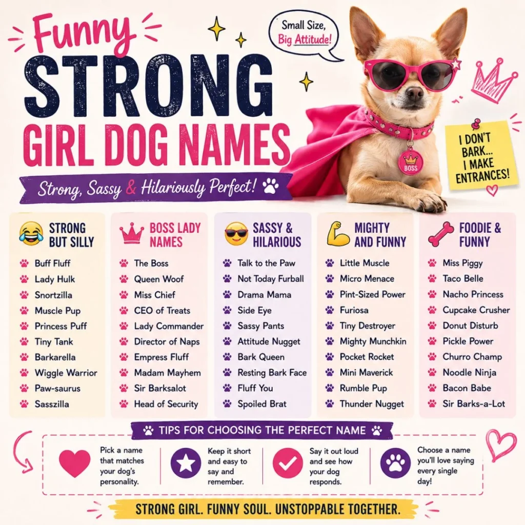 Funny strong girl dog names image with playful female dog and bold cute name theme