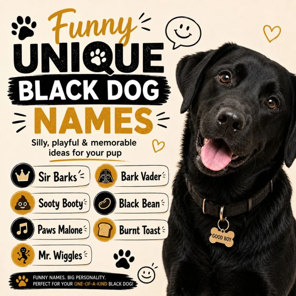 Funny unique black dog names image with happy black dog and playful name ideas like Bark Vader and Burnt Toast