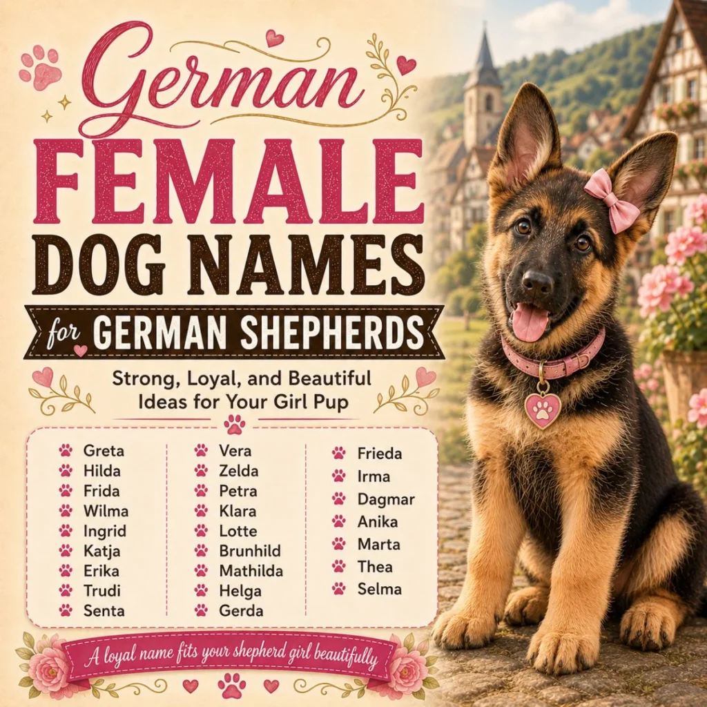 German female dog names for German Shepherds infographic with cute puppy and strong girl dog name ideas