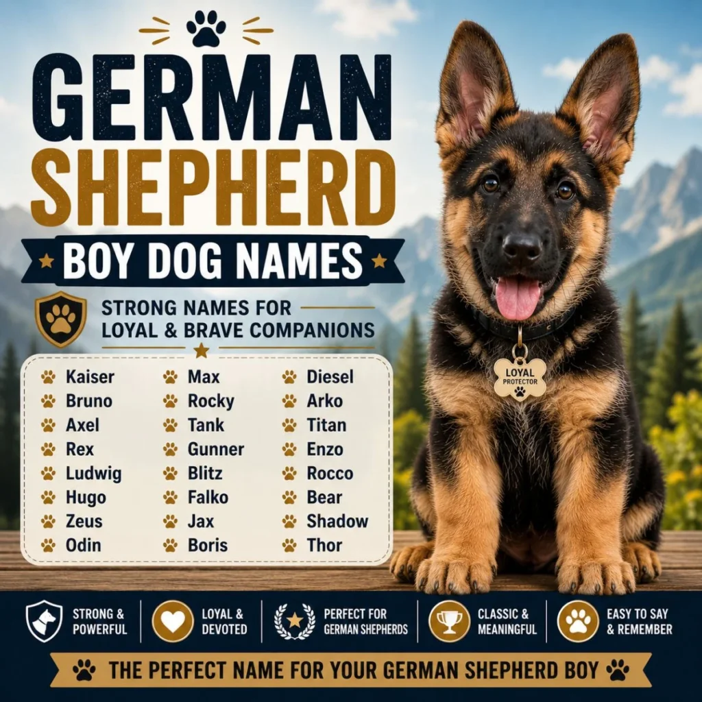 German Shepherd boy dog names with a happy German Shepherd puppy and strong, loyal male name ideas