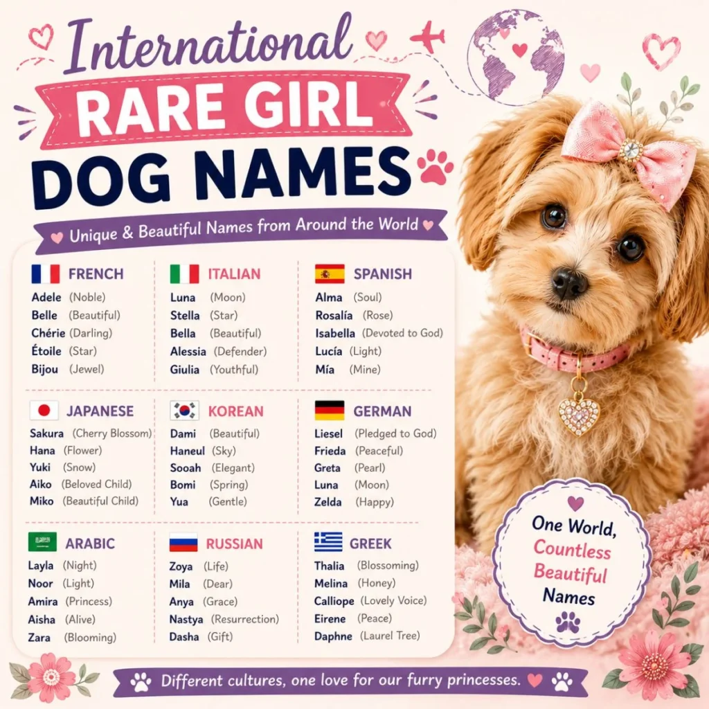 International rare girl dog names infographic featuring a cute puppy and unique female dog names from around the world.