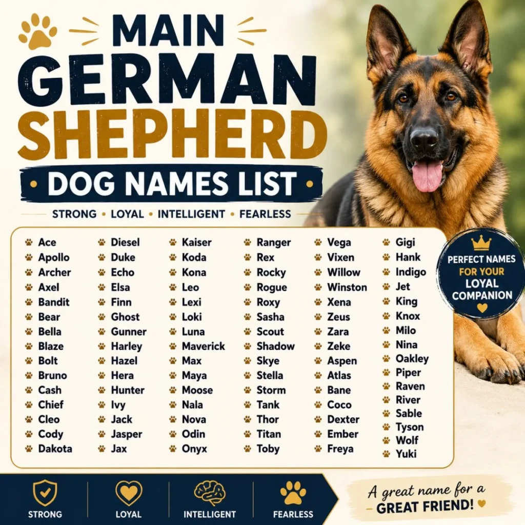 Main German Shepherd dog names list infographic featuring a German Shepherd and popular male and female name ideas