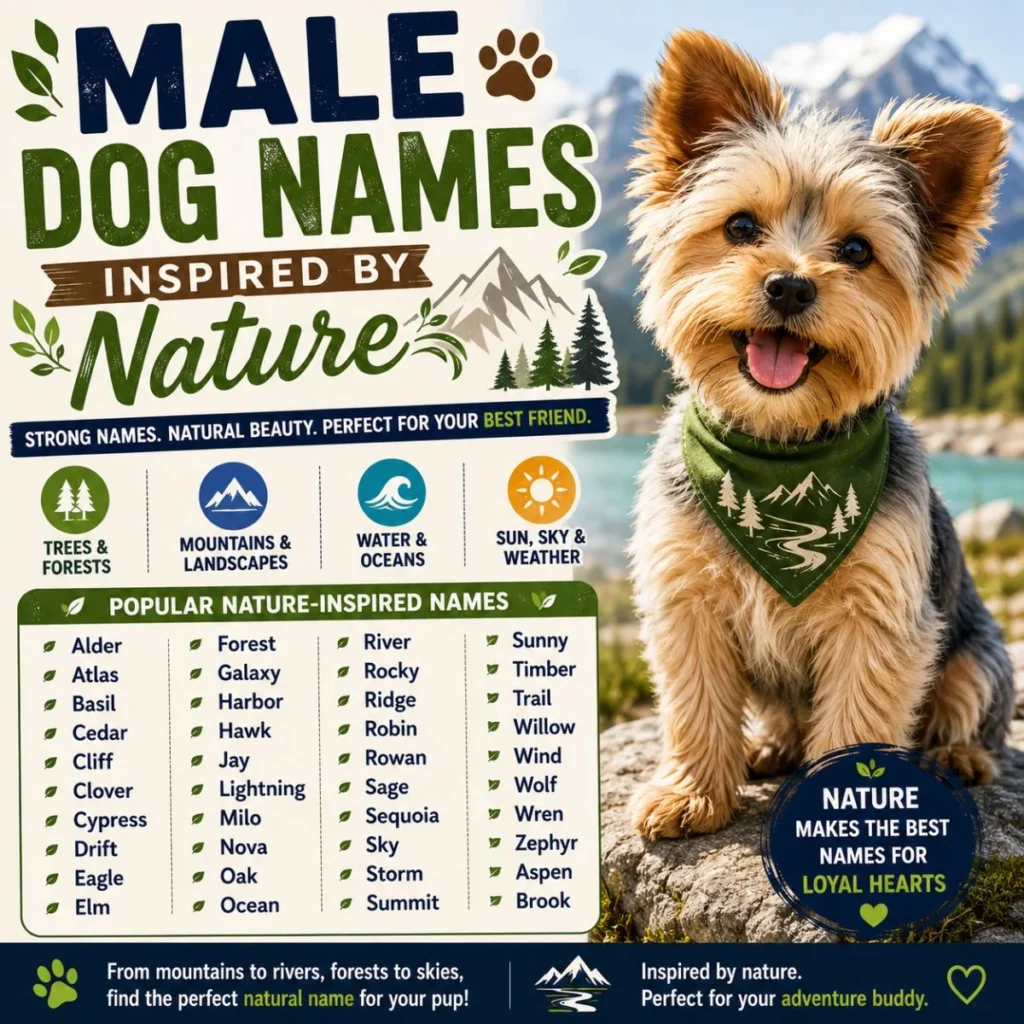 Male dog names inspired by nature with an adorable puppy, featuring forest, mountain, river, and outdoor-inspired name ideas