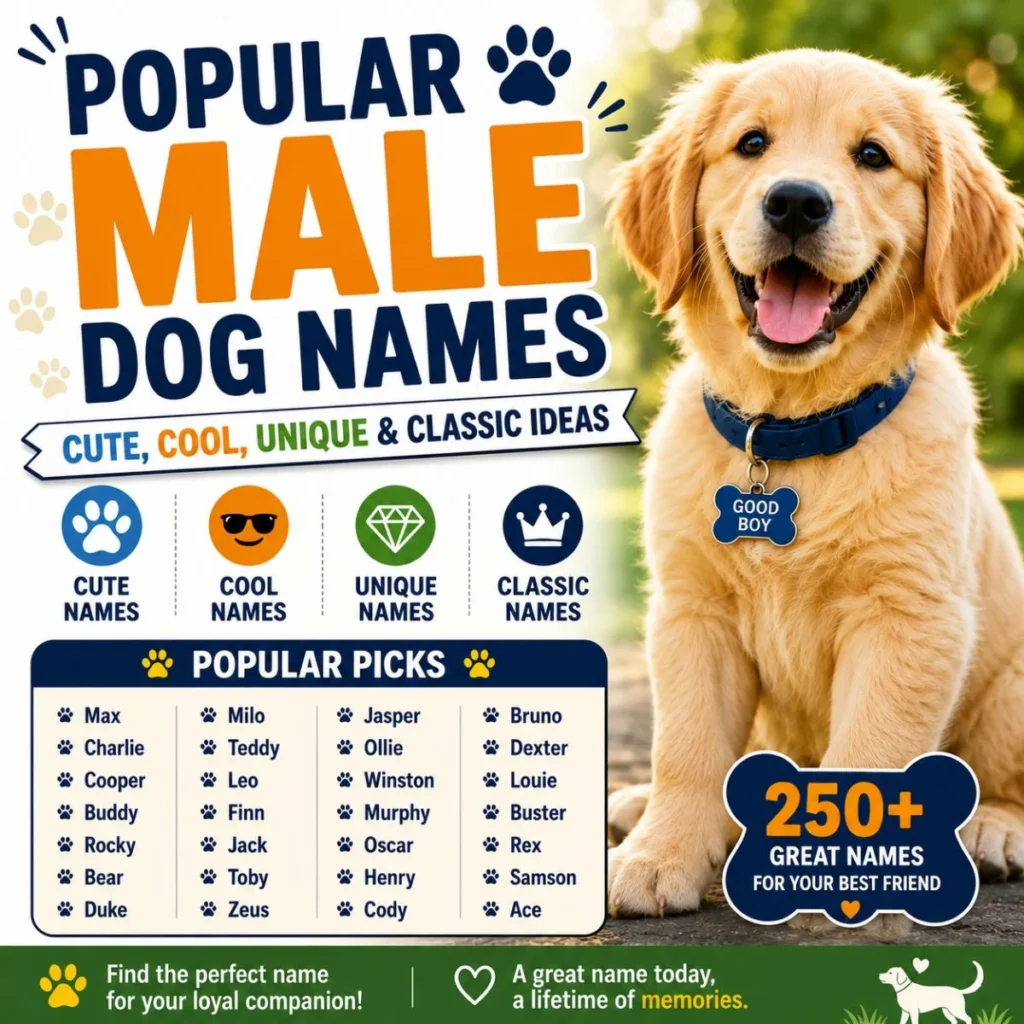 Popular male dog names with a happy Golden Retriever puppy featuring cute, cool, unique, and classic name ideas