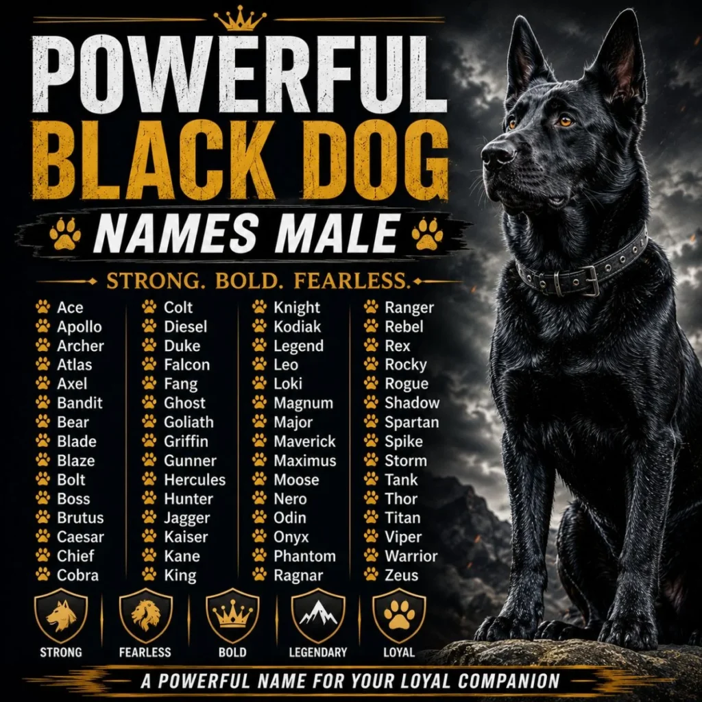 Powerful black dog names male poster featuring a strong black dog and bold name ideas for male dogs