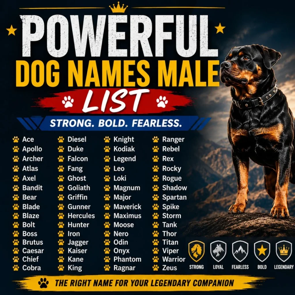Powerful dog names male list featuring a strong Rottweiler and bold name ideas for male dogs