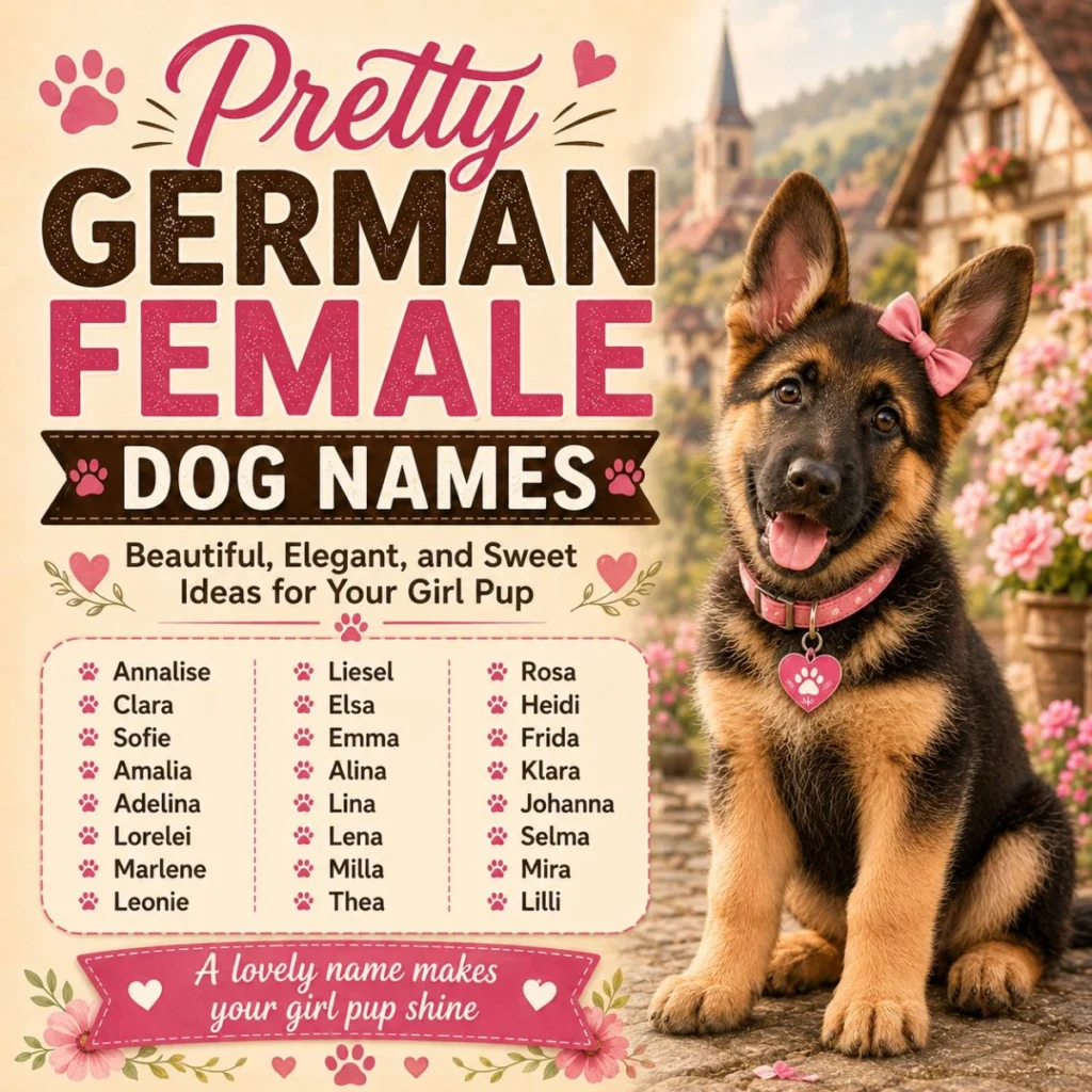 Pretty German female dog names infographic with a cute German Shepherd puppy and elegant girl dog name ideas