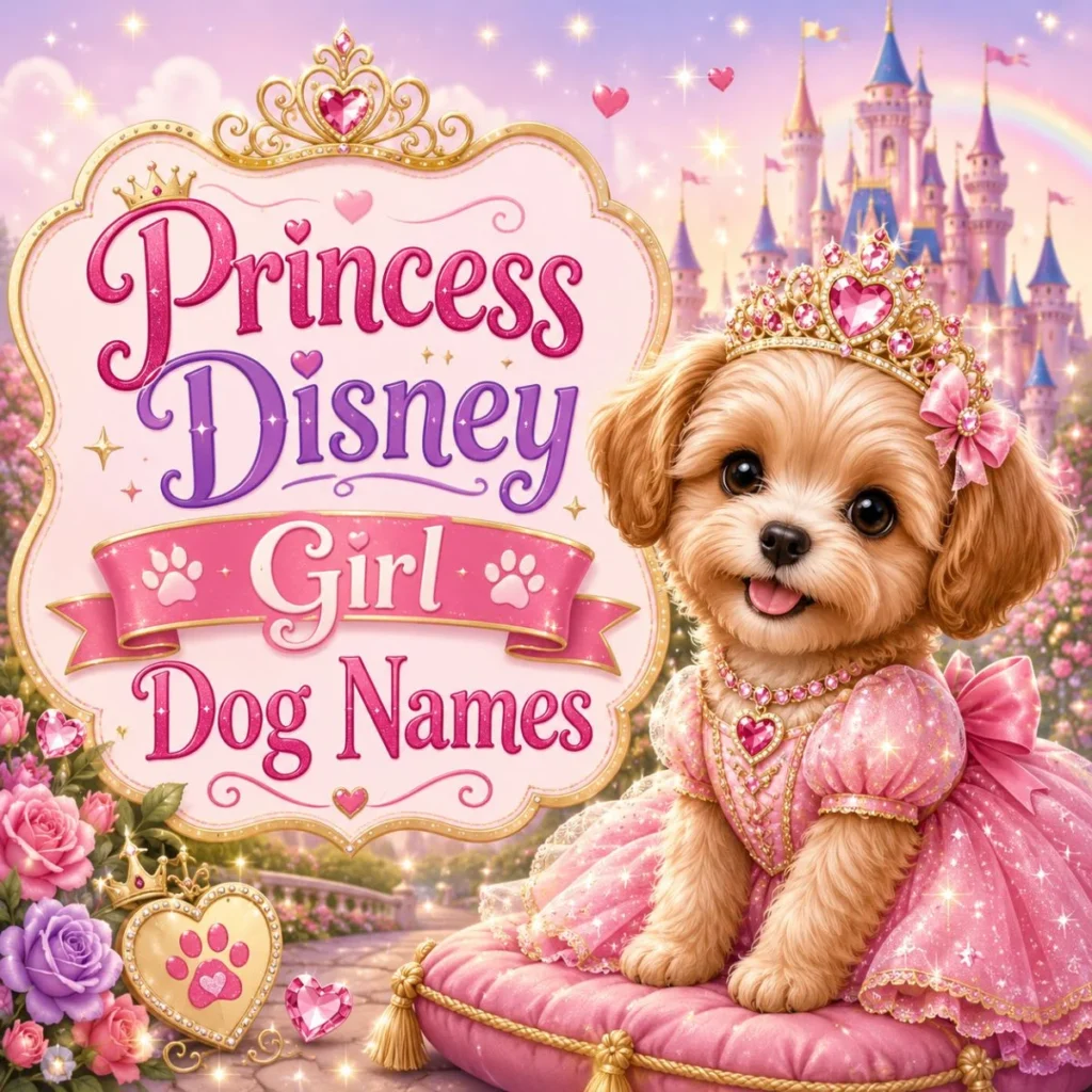 Princess Disney girl dog names image with cute puppy in pink dress, crown, and magical castle