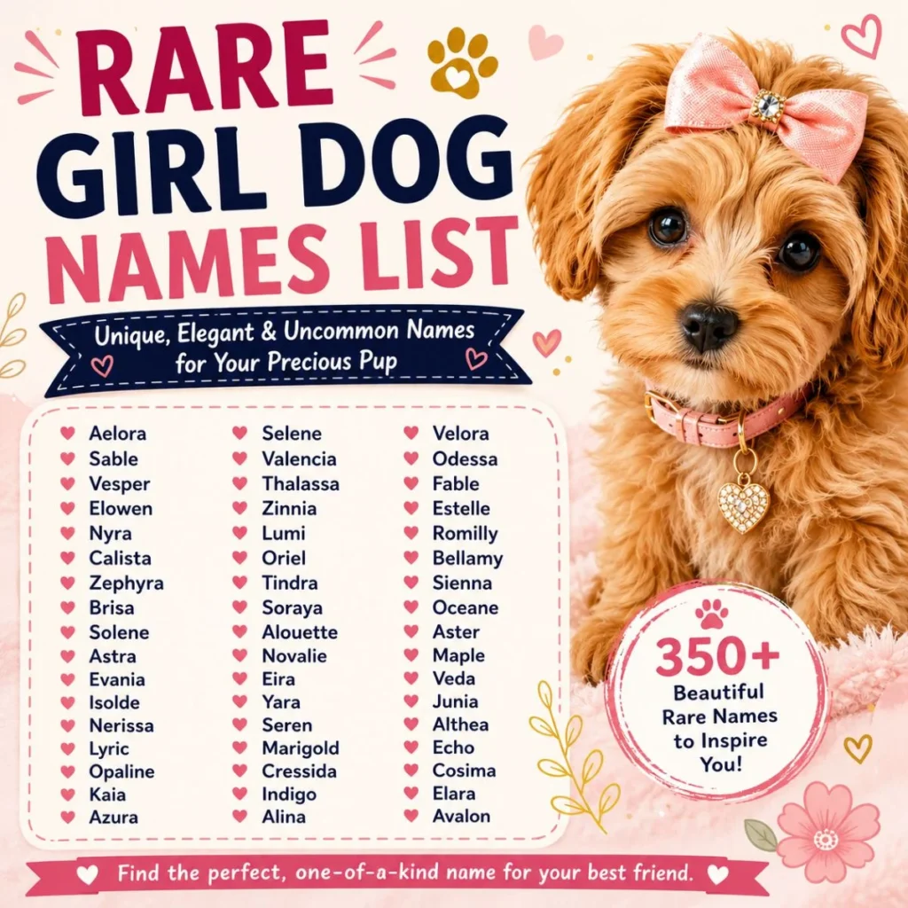 Rare girl dog names list infographic featuring a cute puppy and unique, elegant, and uncommon female dog names.