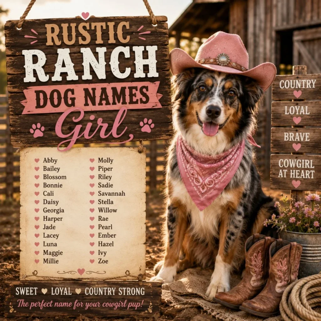 Rustic ranch dog names girl image with cowgirl pup, pink hat, barn, western boots, and country name list