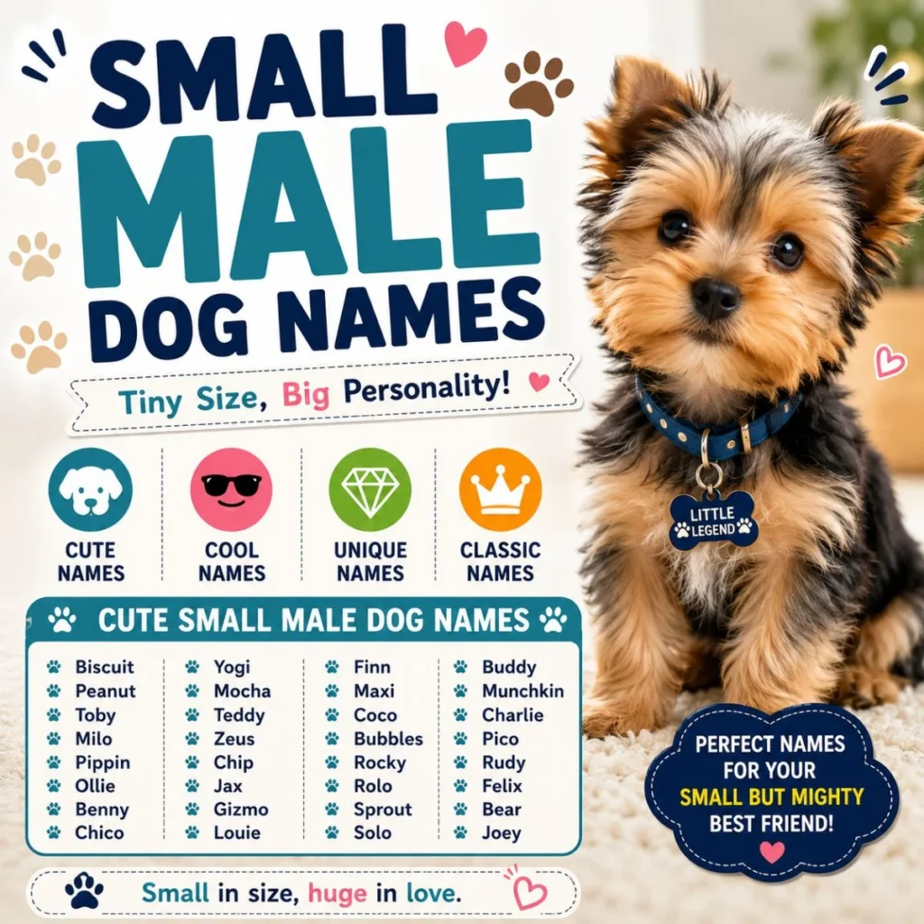 Small male dog names with an adorable Yorkshire Terrier puppy featuring cute, tiny, and lovable name ideas