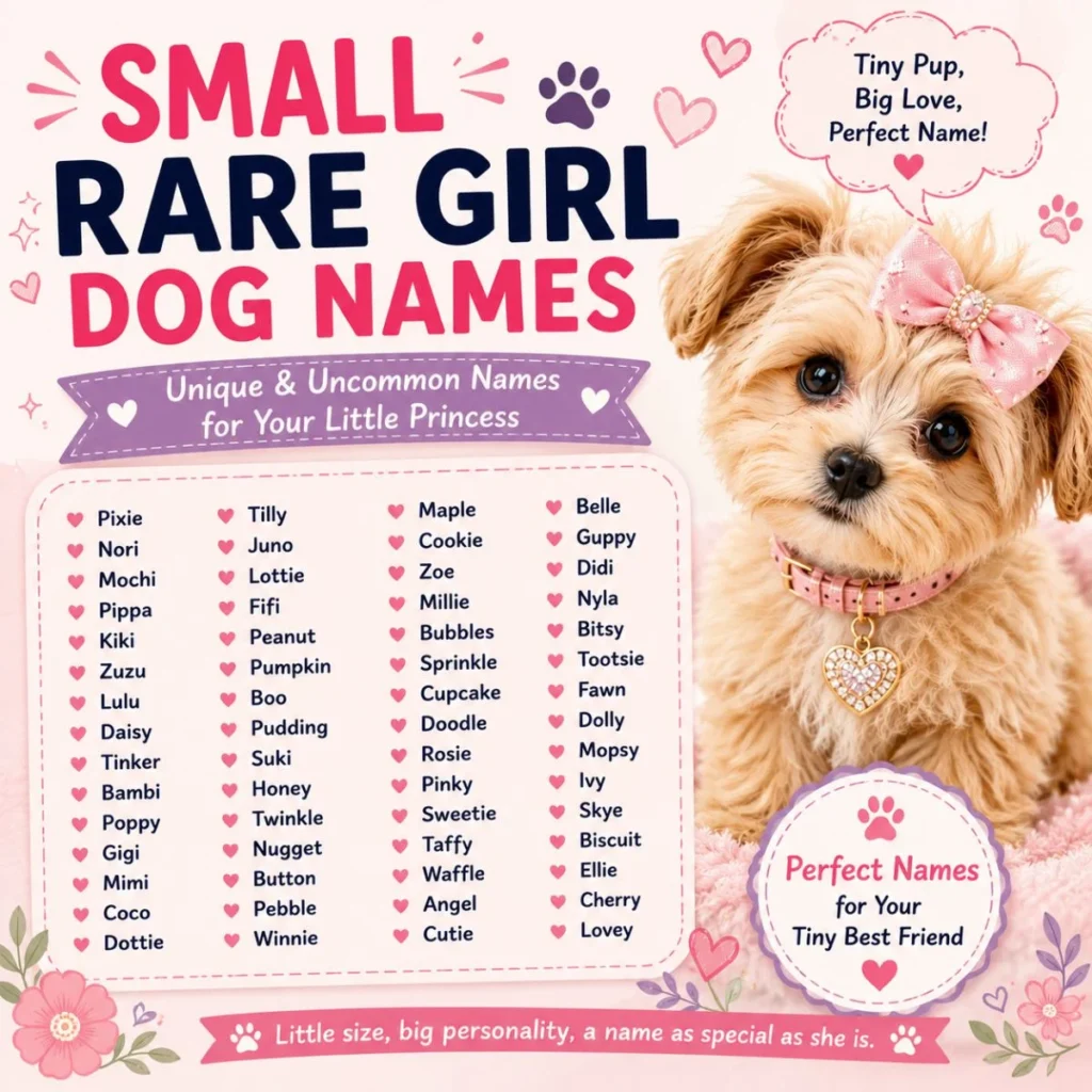 Small rare girl dog names infographic with an adorable puppy and unique female dog name ideas for tiny breeds.