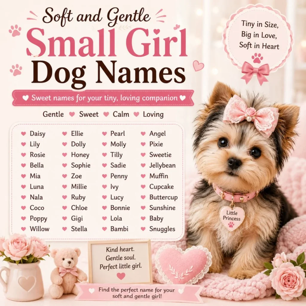 Soft and gentle small girl dog names image with a cute tiny puppy and calm pastel design