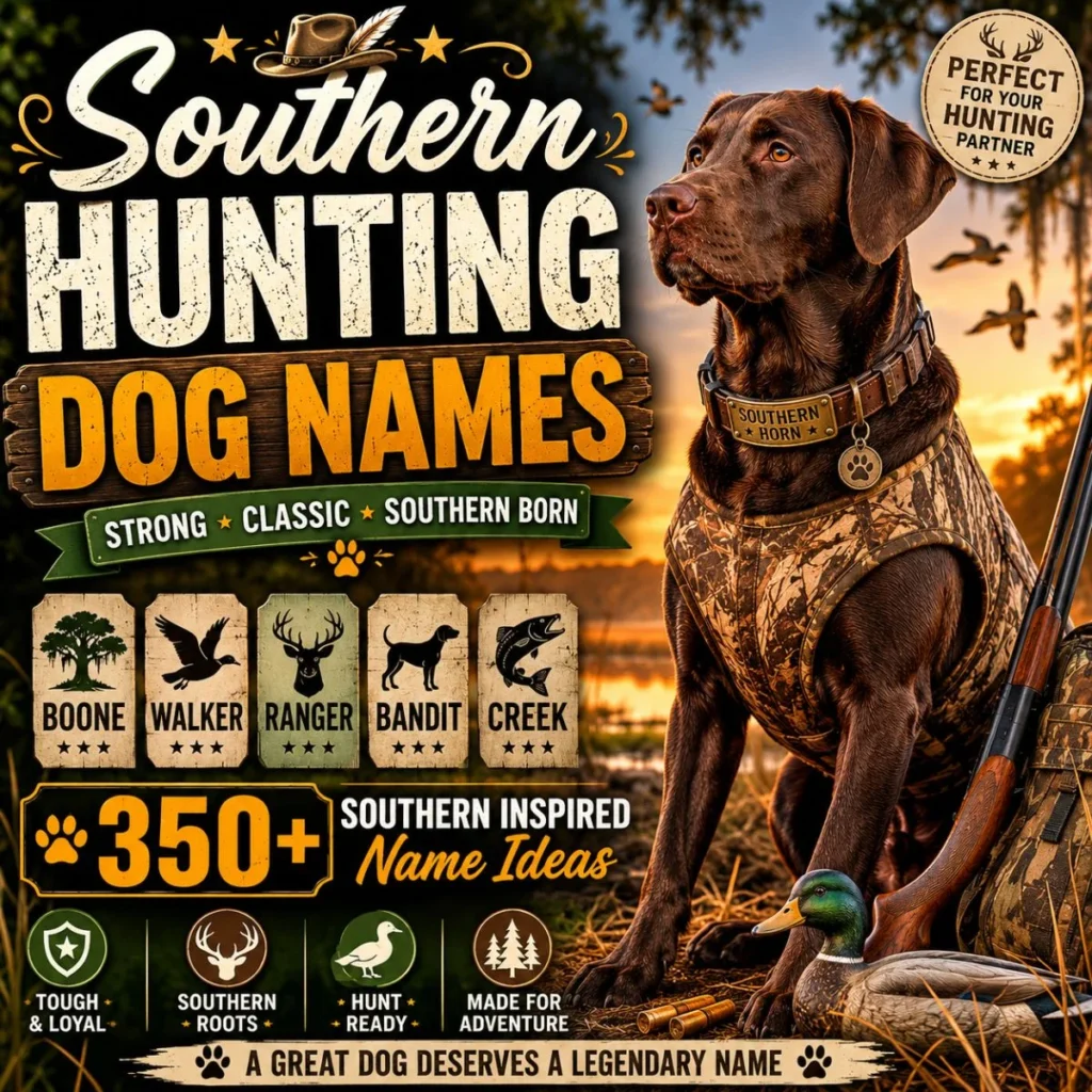 Chocolate hunting dog in camouflage with Southern hunting dog names inspired by classic country heritage