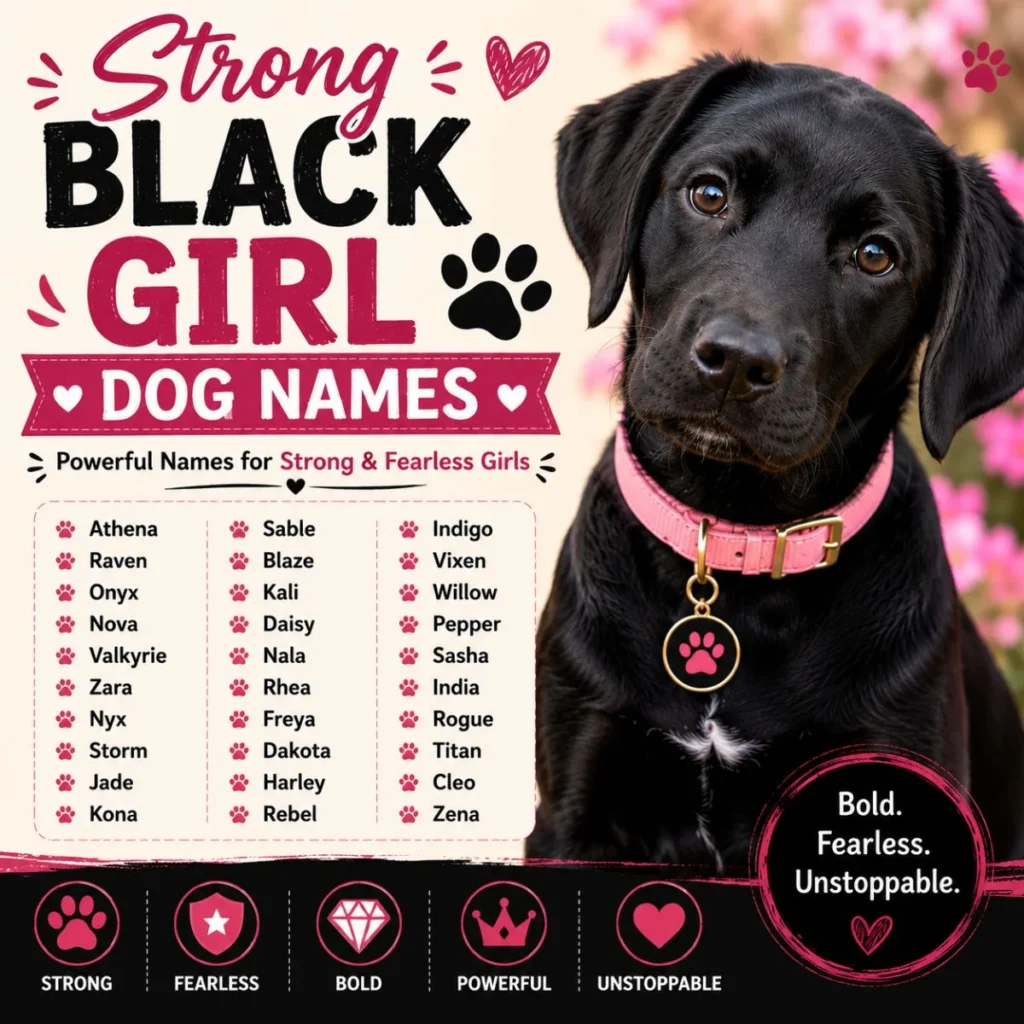 Adorable black female puppy with strong black girl dog names and bold naming ideas for fearless dogs.