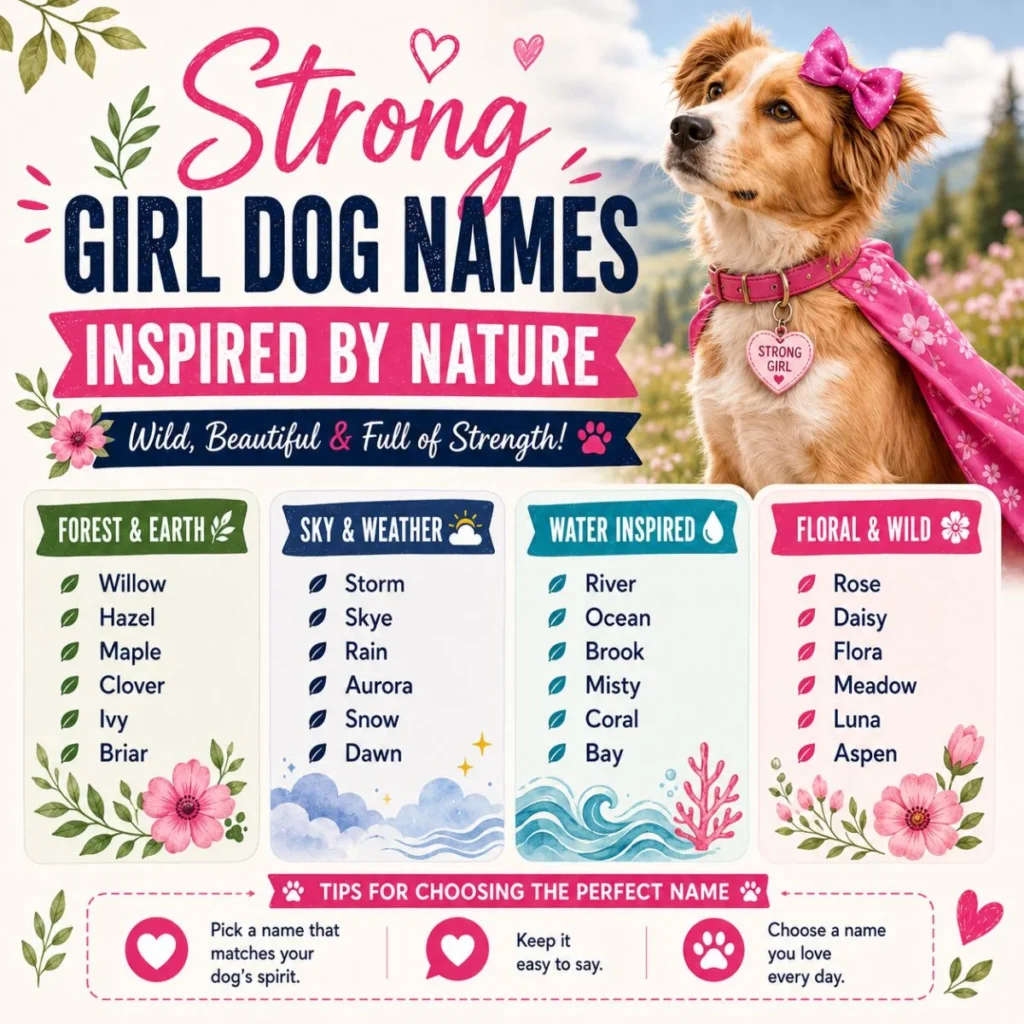 Strong girl dog names inspired by nature with cute female dog and floral outdoor theme