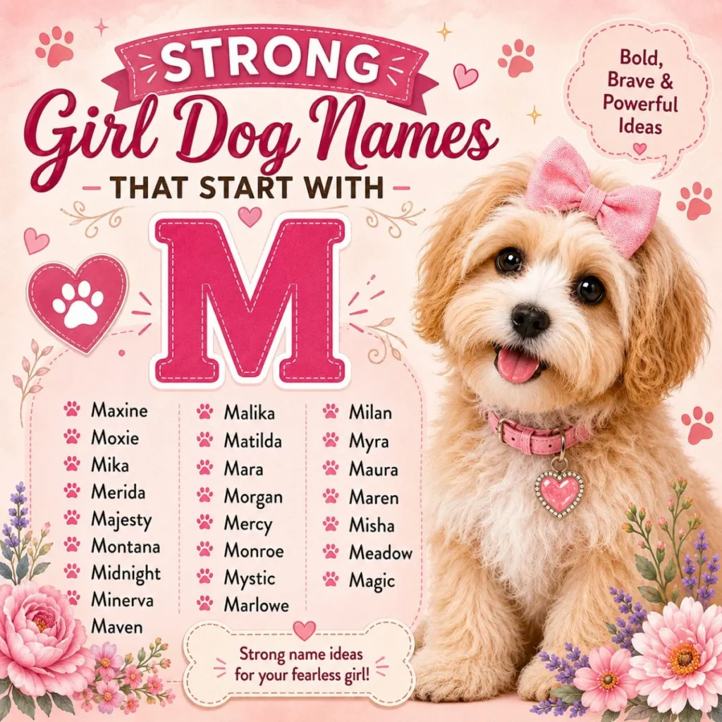 Strong girl dog names that start with M with cute puppy, pink bow, and bold female dog name ideas