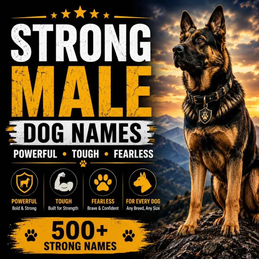 Strong Male Dog Names image featuring a confident German Shepherd with powerful and fearless male dog name ideas