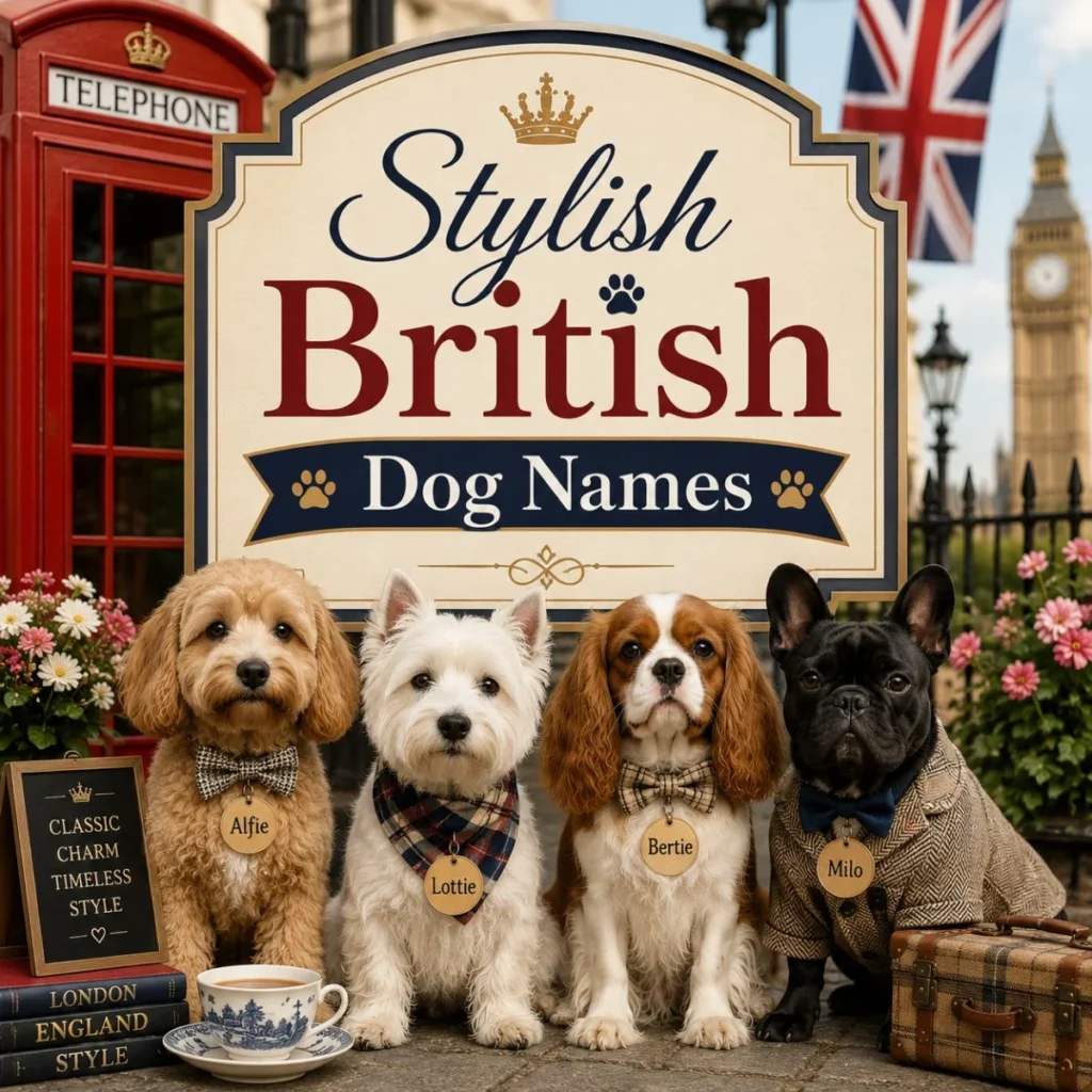 Stylish British dog names image with four classy pups, red phone booth, Big Ben, and elegant London style