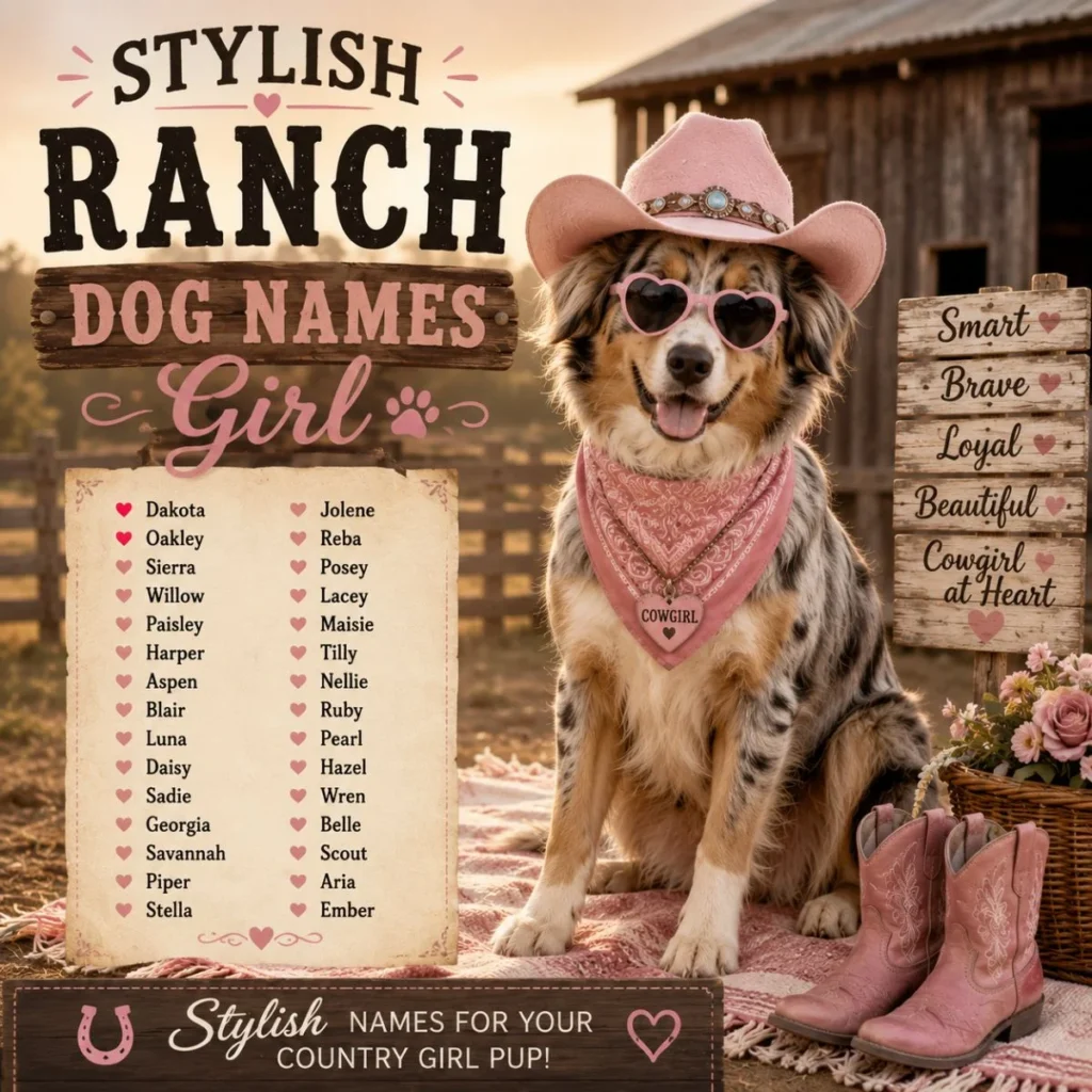 Stylish ranch dog names girl image with cowgirl pup, pink hat, western boots, barn, and country name list