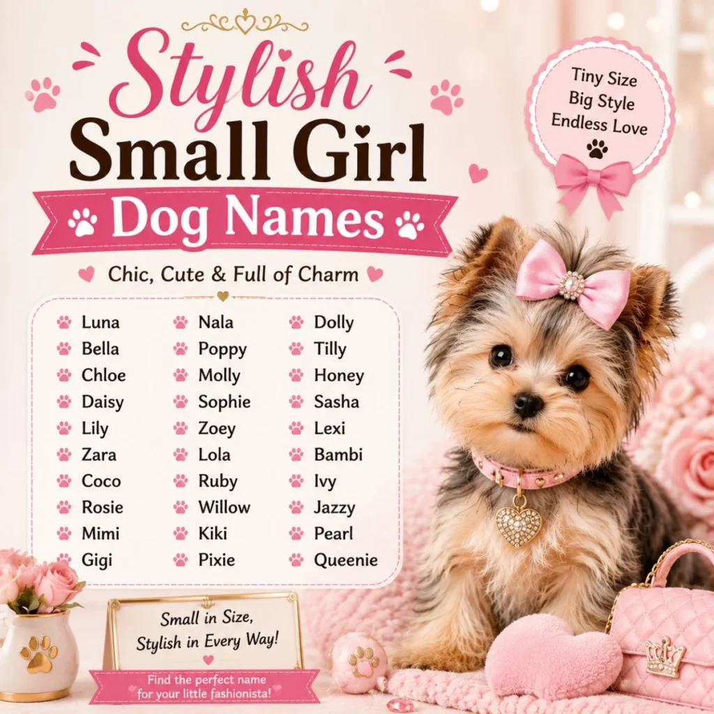 Stylish small girl dog names image with a cute tiny puppy, pink bow, and elegant pastel design