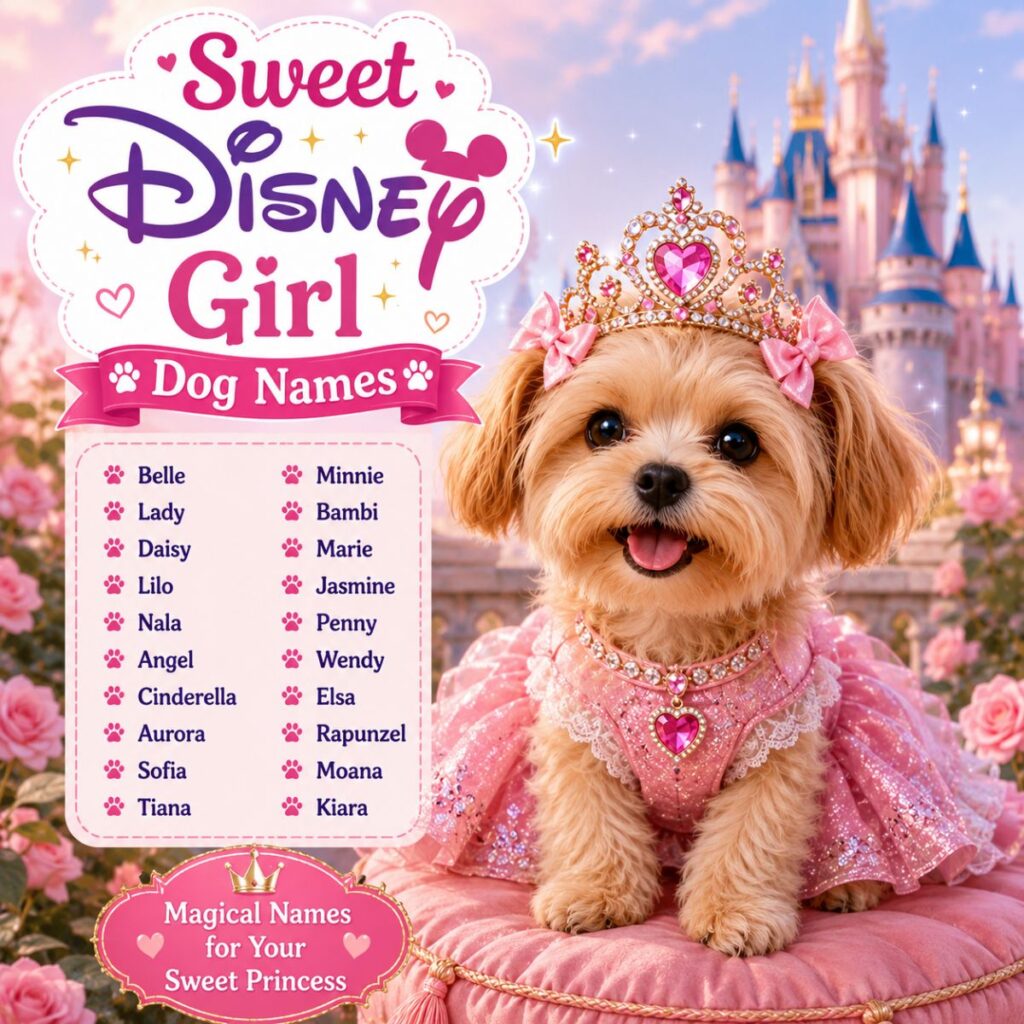 This image shows an adorable girl puppy dressed like a princess, wearing a sparkling crown and pink gown while sitting on a soft cushion.
The glowing castle, pastel flowers, and magical details create a charming fairytale feel, making it a perfect match for a Princess Disney Girl Dog Names section.