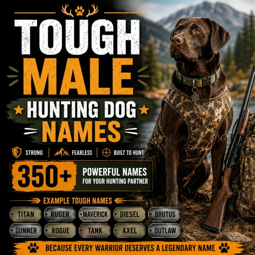 Chocolate male hunting dog in camouflage with tough hunting dog name ideas like Titan, Ruger, and Maverick