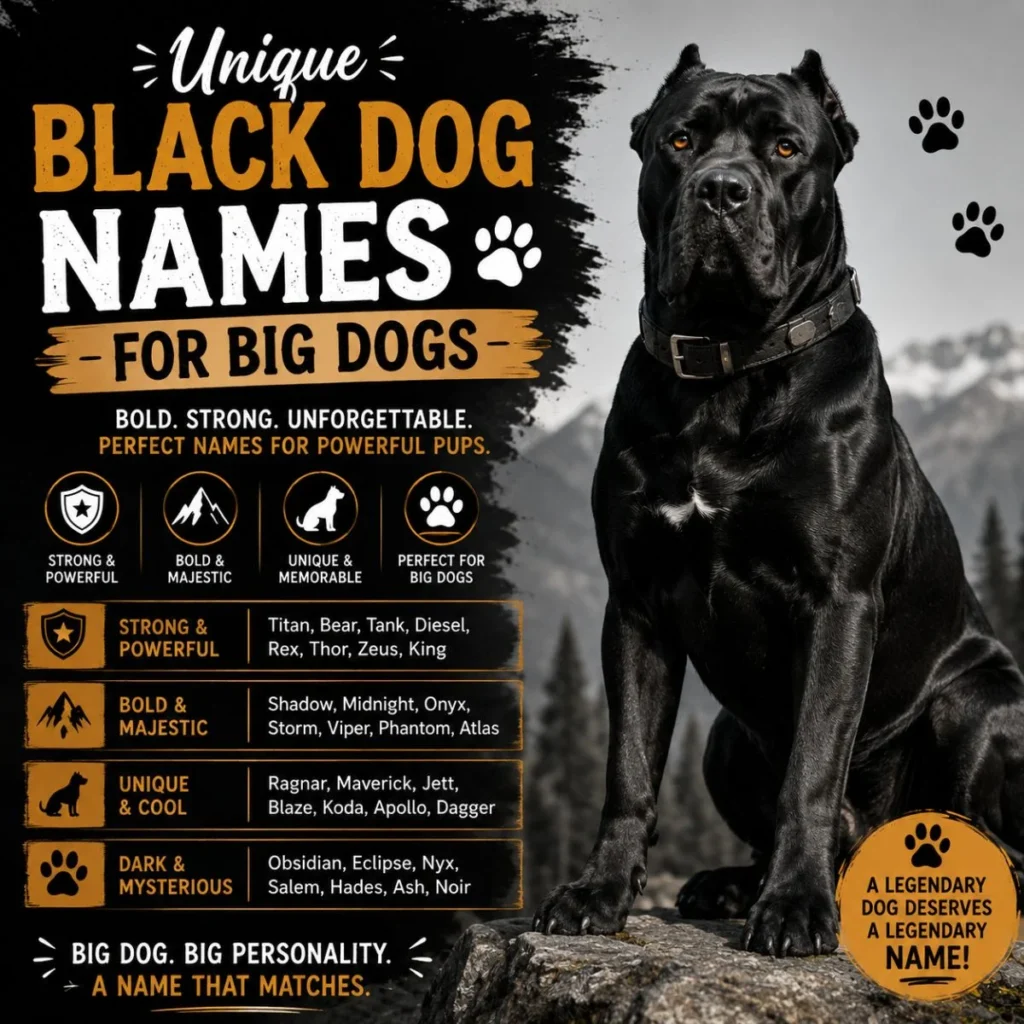Unique black dog names for big dogs image with a strong large black dog and bold name ideas