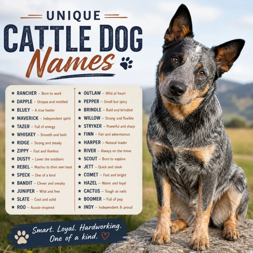 Unique cattle dog names infographic with Australian Cattle Dog and rustic list of name ideas