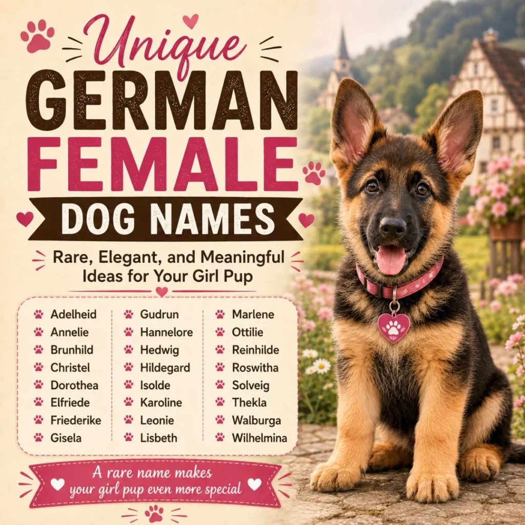 Unique German female dog names infographic with cute German Shepherd puppy and rare girl dog name ideas