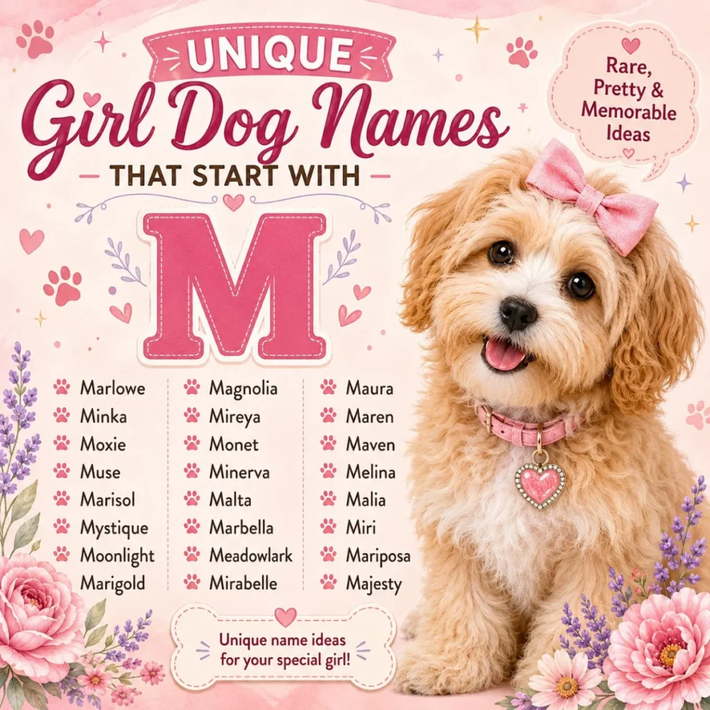 Unique girl dog names that start with M infographic with cute puppy, pink bow, floral accents, and rare M names