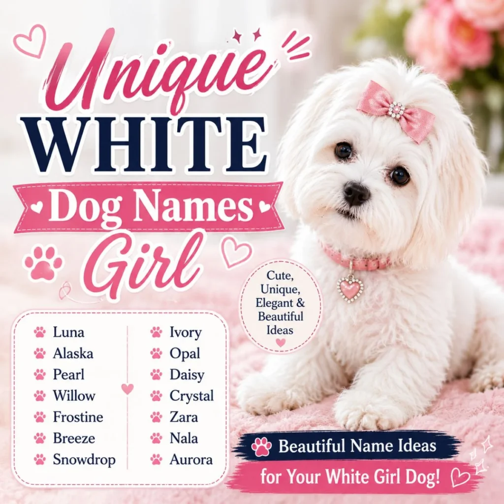 Unique White Dog Names Girl with a fluffy white puppy and creative female dog name ideas
