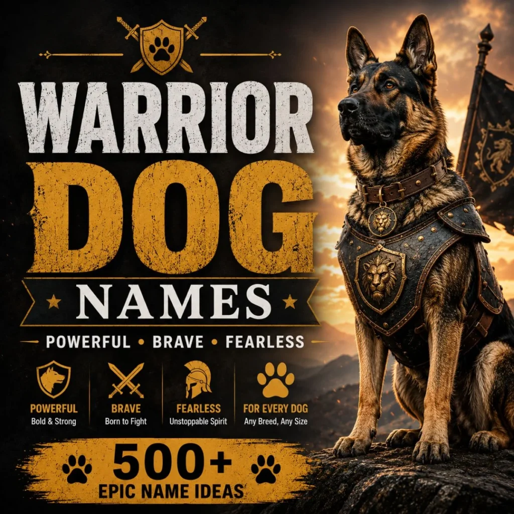 Warrior Dog Names image featuring an armored German Shepherd with powerful, brave, and fearless dog name ideas