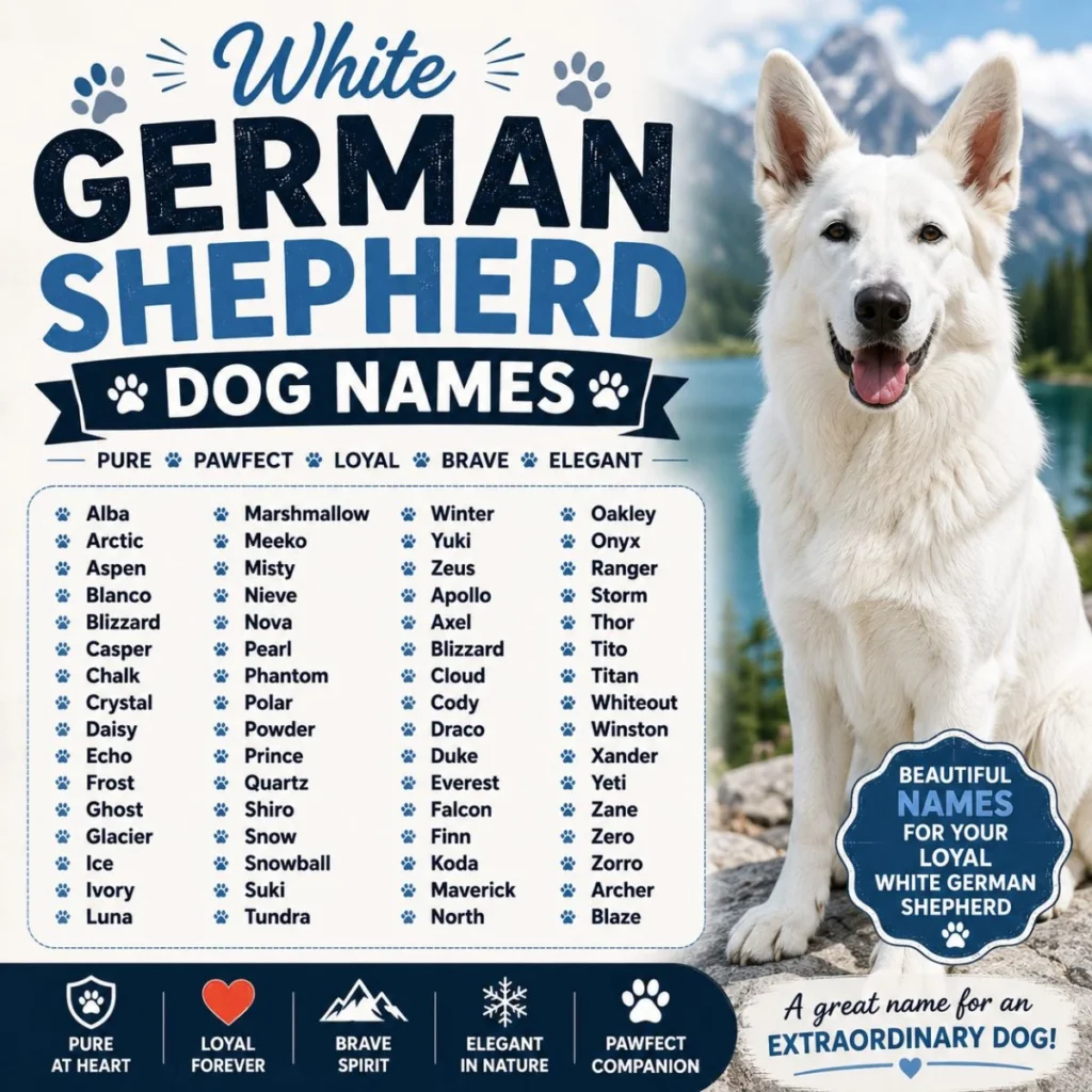 White German Shepherd dog names infographic featuring a white German Shepherd and elegant name ideas