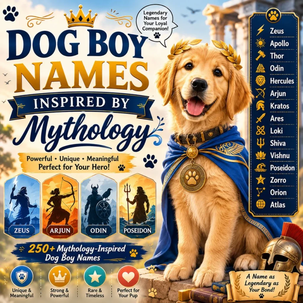 Golden retriever with mythology-inspired dog boy names featuring Zeus, Thor, Odin, and Apollo in a colorful graphic